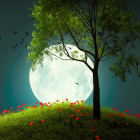 Moonlit forest illustration with large moon and green foliage