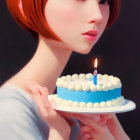 Red-haired person holding small cake with lit candle against vibrant background