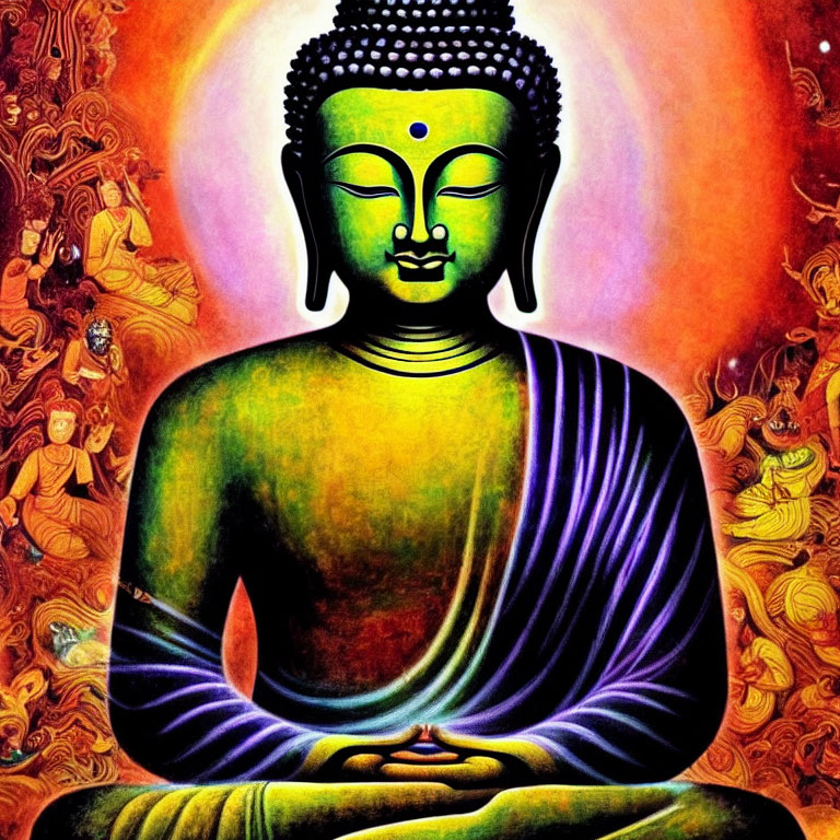 Colorful Buddha Meditation Illustration with Radiant Aura and Ornate Background