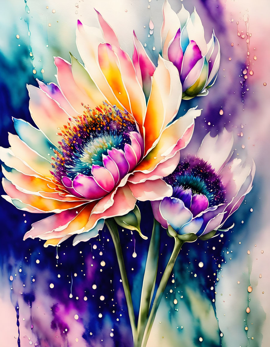 Colorful digital painting of blossoming flowers with dewdrops on vibrant petals.