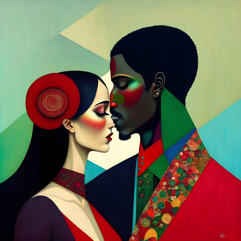 Colorful Stylized Painting of Man and Woman in Profile