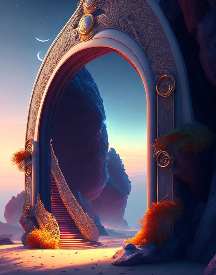 Ornate Illuminated Portal Reveals Surreal Night Landscape