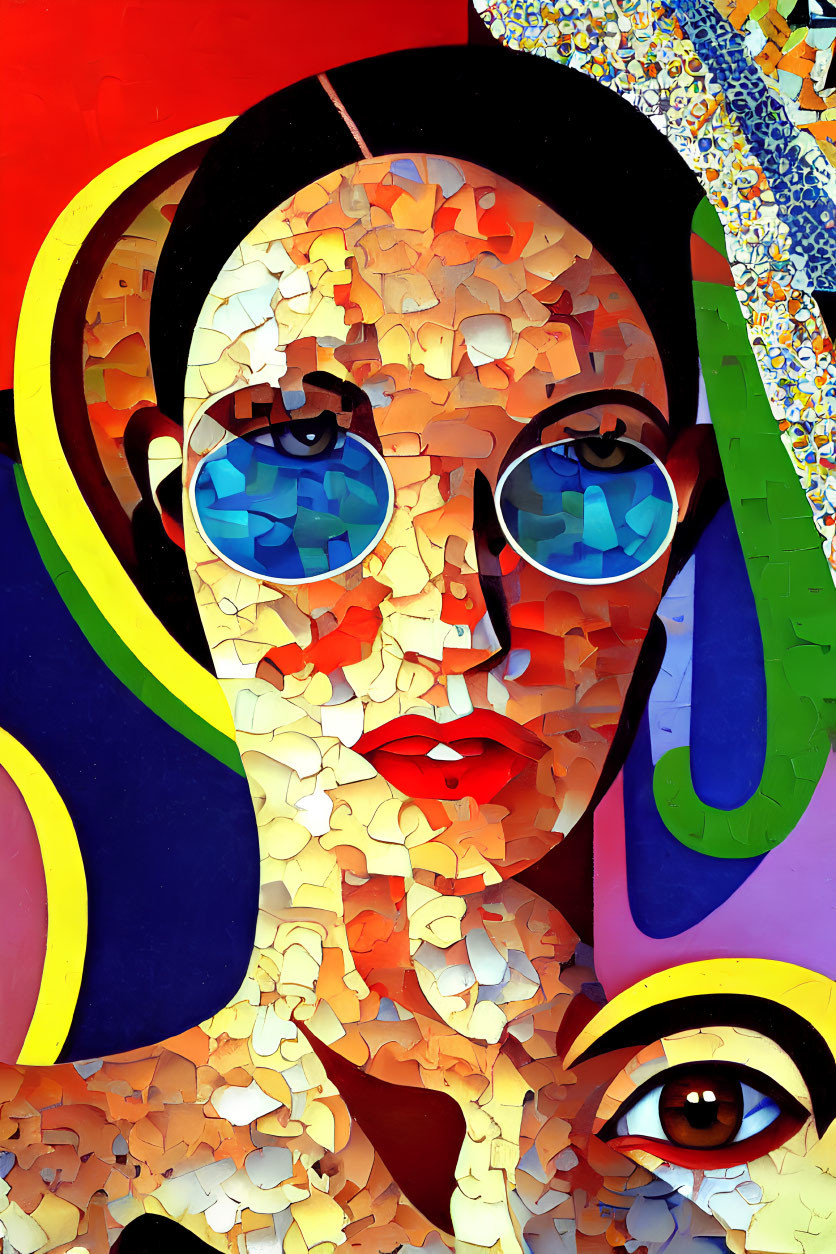 Vibrant mosaic-style abstract portrait with oversized sunglasses and vibrant patterns.