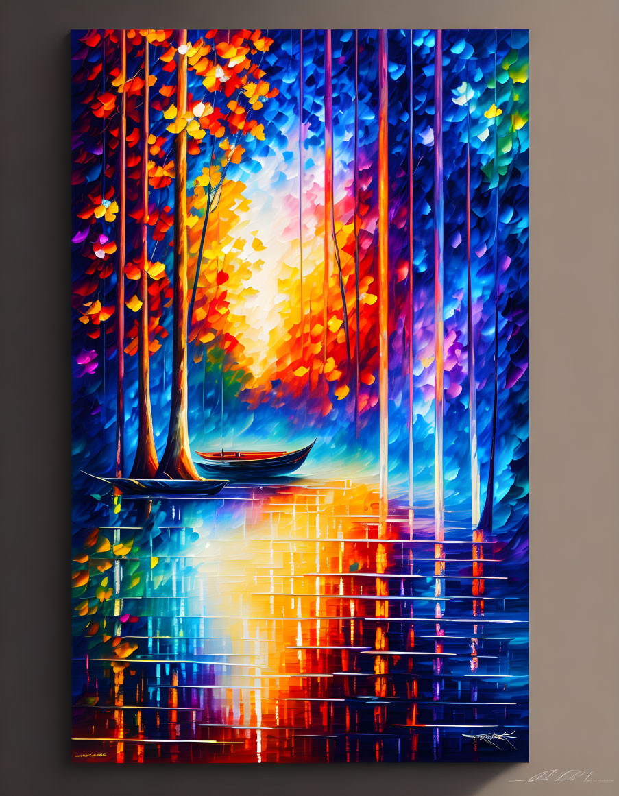 Colorful Abstract Painting: Serene Landscape with Boat and Autumn Trees