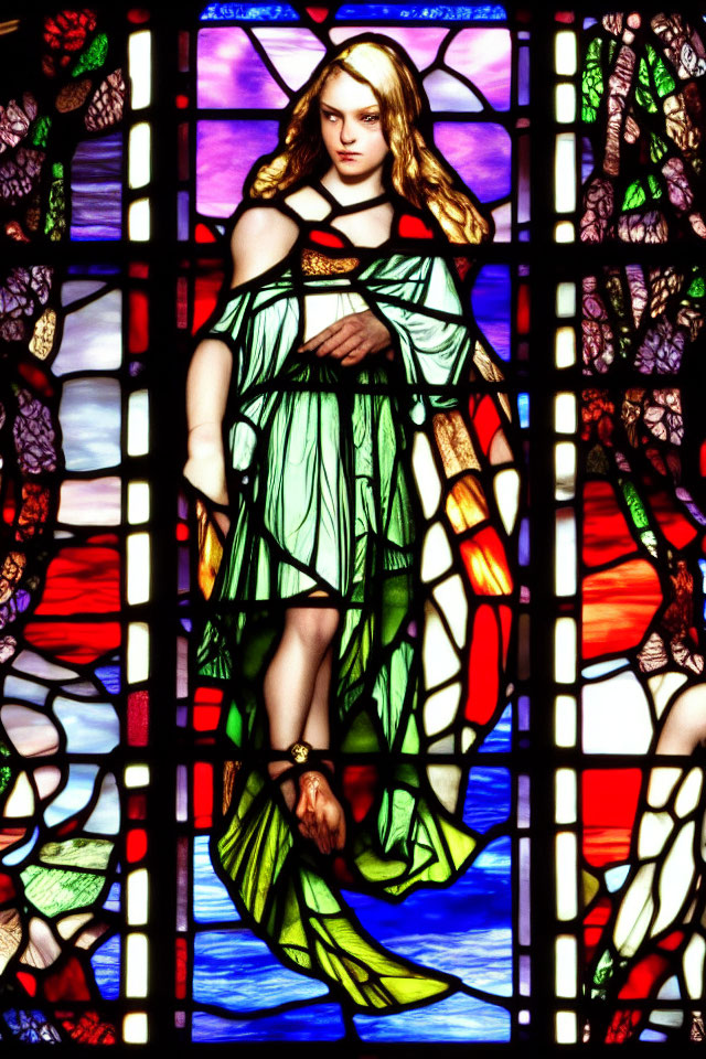 Colorful stained glass window featuring woman in green robes