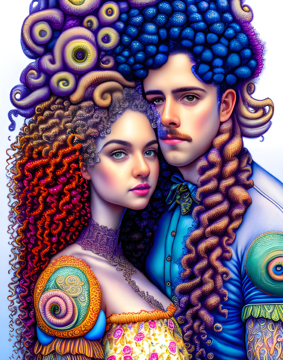 Vibrant illustration of man and woman with intricate hair and ornate clothing