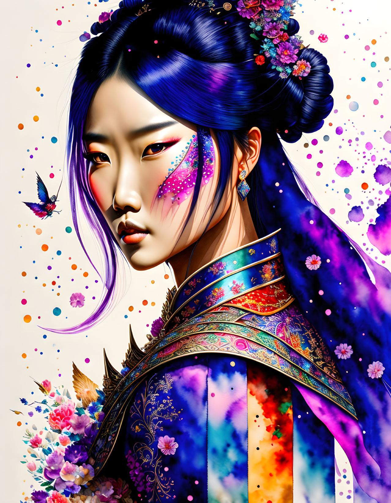 Colorful Illustration: Woman with Blue Hair and Floral Makeup in Traditional Outfit