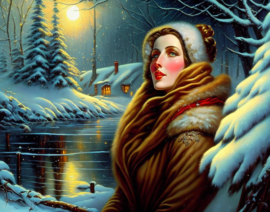 Illustrated woman in vintage fur coat and hat in snowy landscape with cottage under moonlit sky.