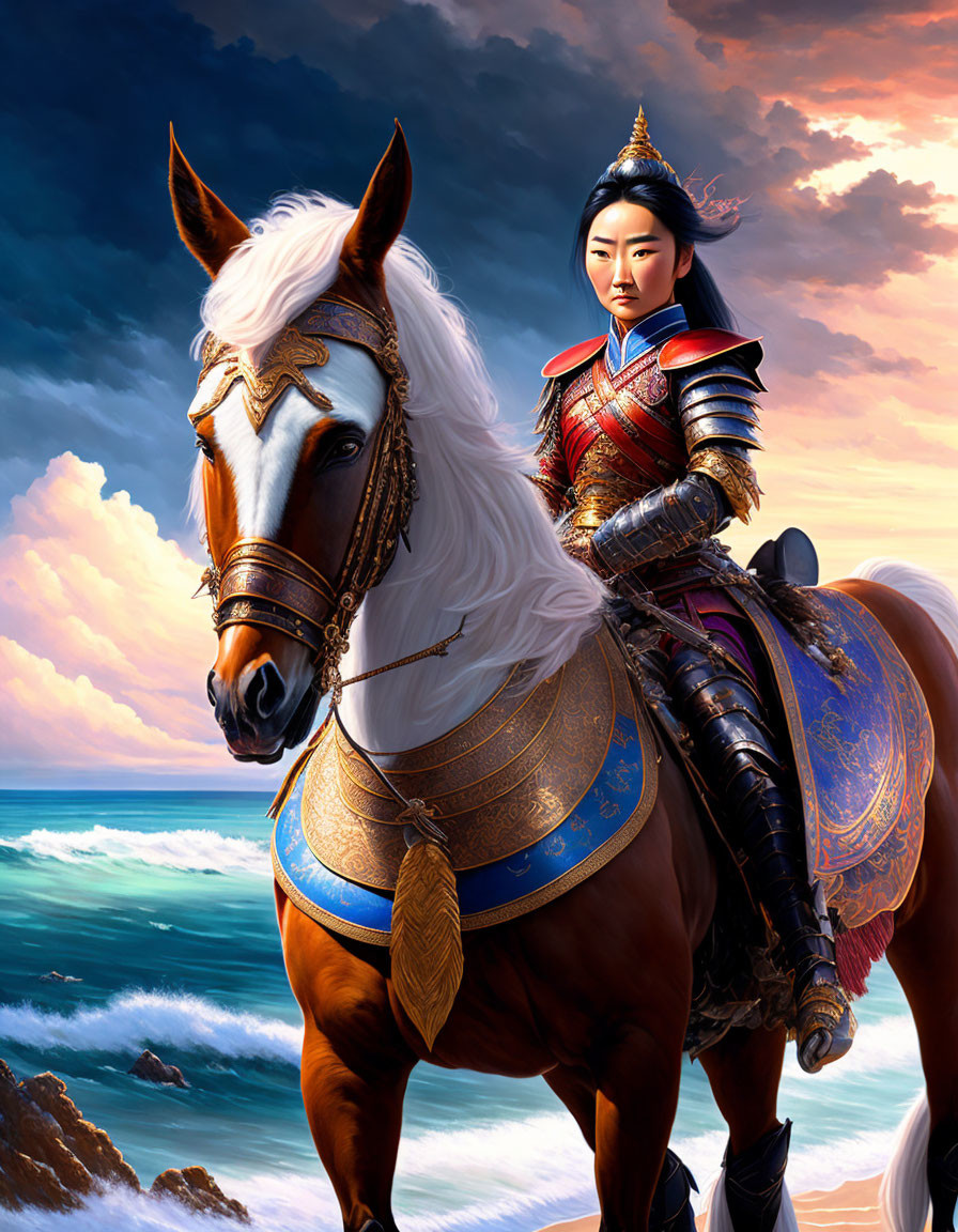 Ornate armored warrior woman on horse by the sea in dramatic sky