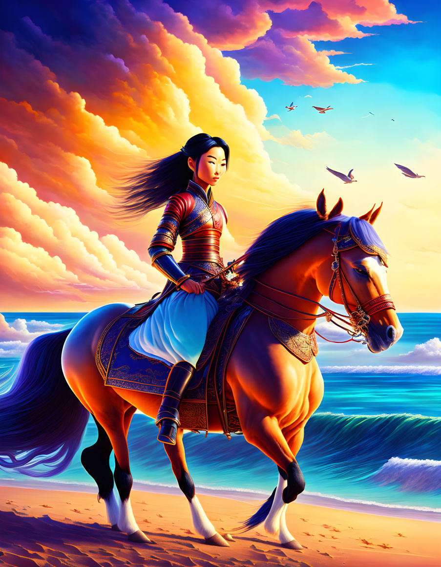 Warrior on Horseback at Beach During Sunset with Golden Sky.