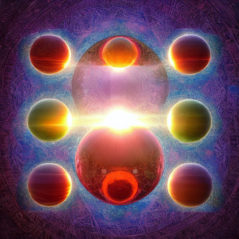 Colorful fractal art with eight spheres around a glowing orb on mandala background