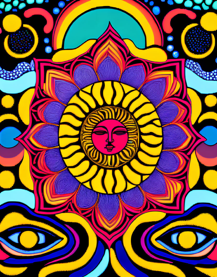 Colorful Psychedelic Sun Illustration with Human Face and Eyes