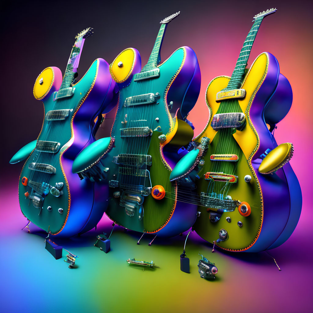 Whimsical, colorful guitars with exaggerated features on multicolored background