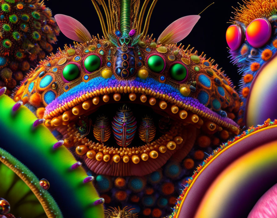 Vibrant multi-eyed creature in colorful fantasy setting