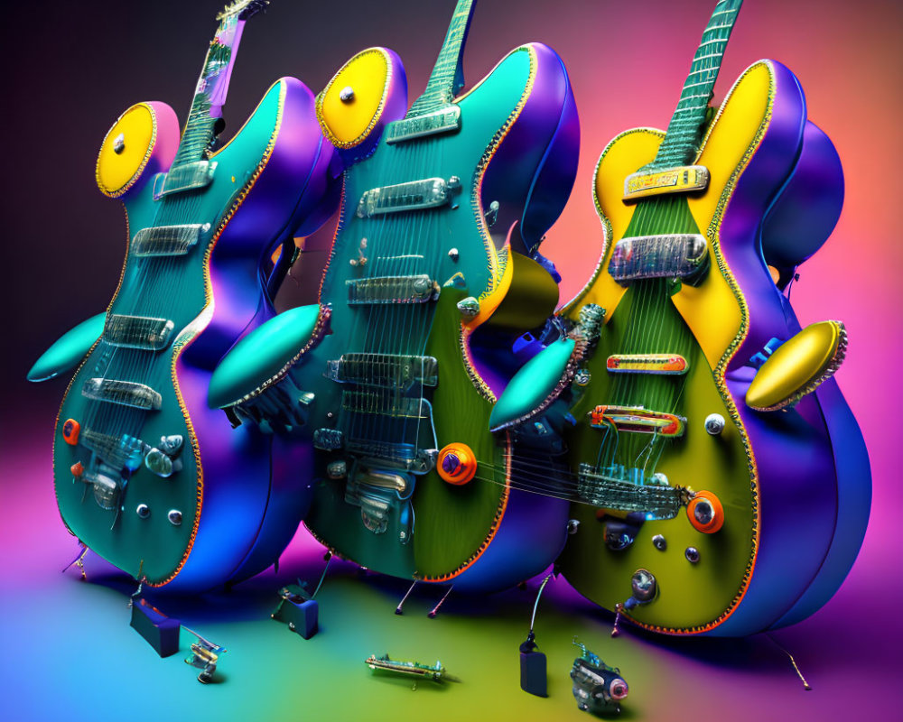 Whimsical, colorful guitars with exaggerated features on multicolored background