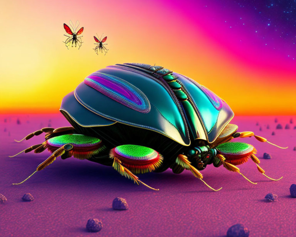 Colorful beetle against twilight backdrop with flying insects