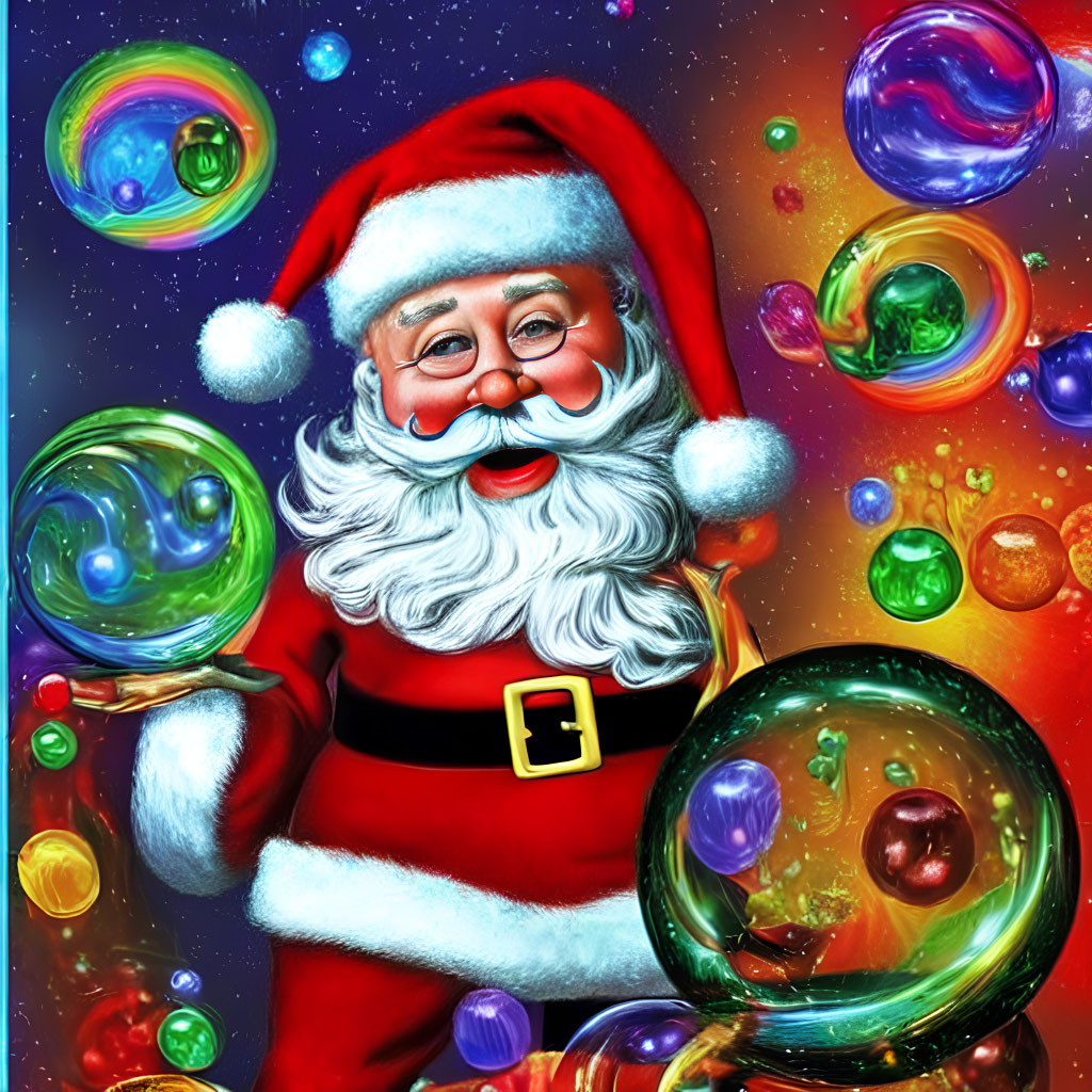 Vibrant Santa Claus illustration with floating soap bubbles