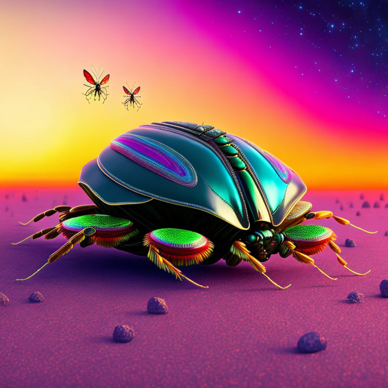 Colorful beetle against twilight backdrop with flying insects