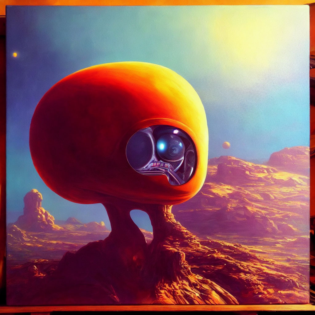 Surreal landscape with orange tree-like structure and large eyeball on Martian-like terrain