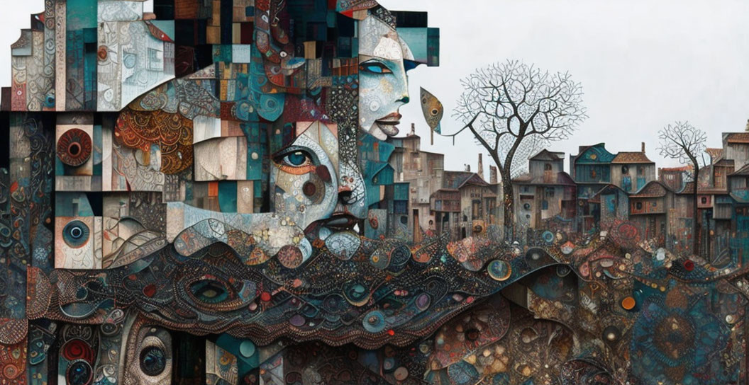 Intricate surreal collage artwork of face blending with townscape