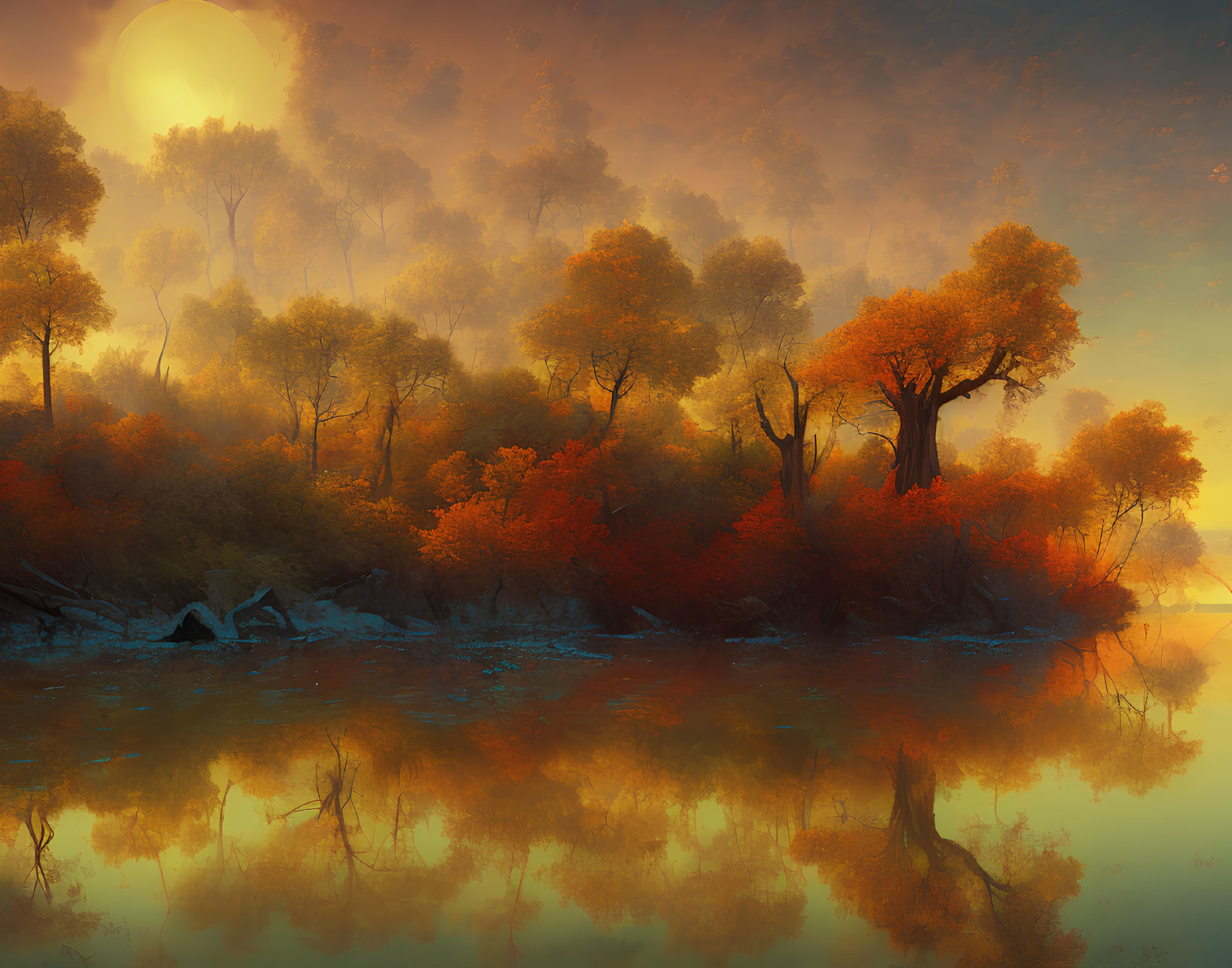 Tranquil landscape with glowing sunset and vibrant foliage