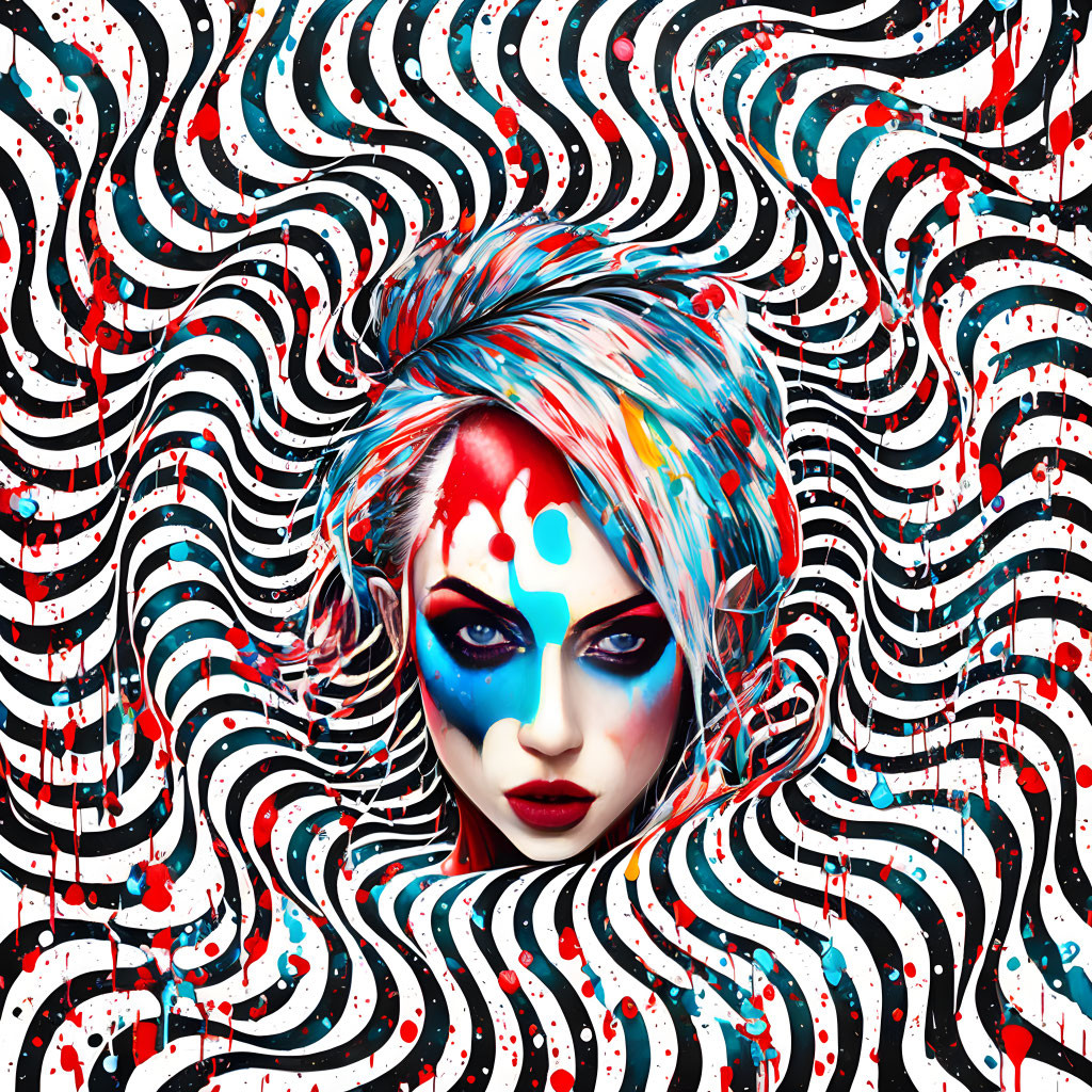 Colorful makeup and streaked hair on a woman in digital art against a black and white wave pattern