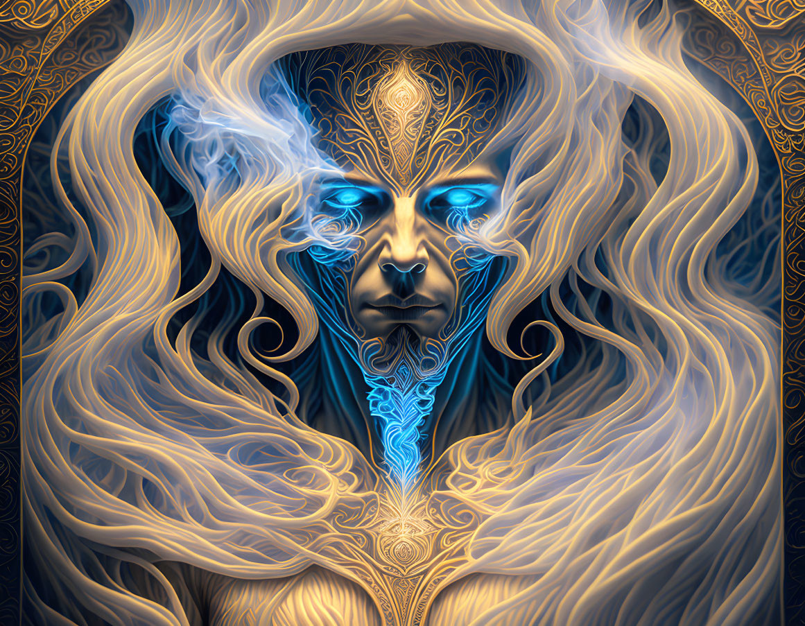 Mystical portrait of a being with blue skin and golden armor