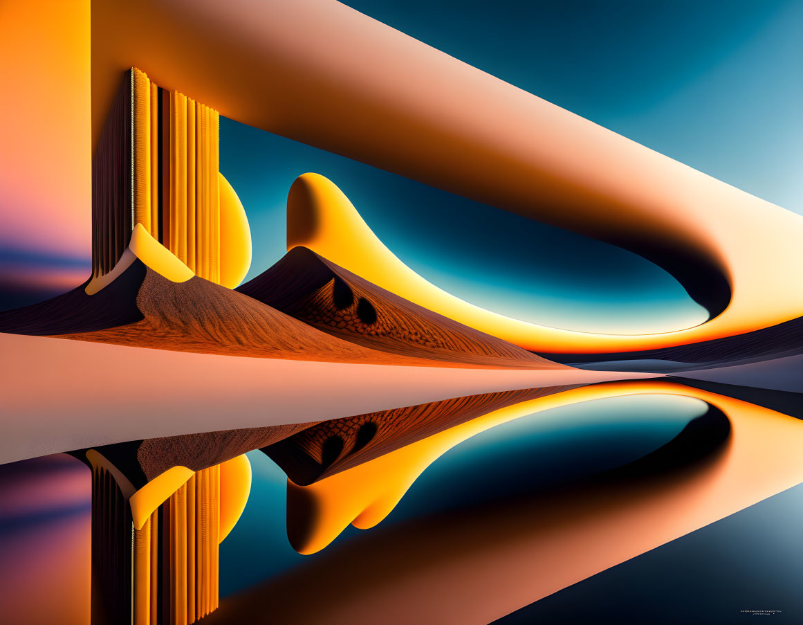 Symmetrical composition of warm-toned flowing shapes on reflective surface