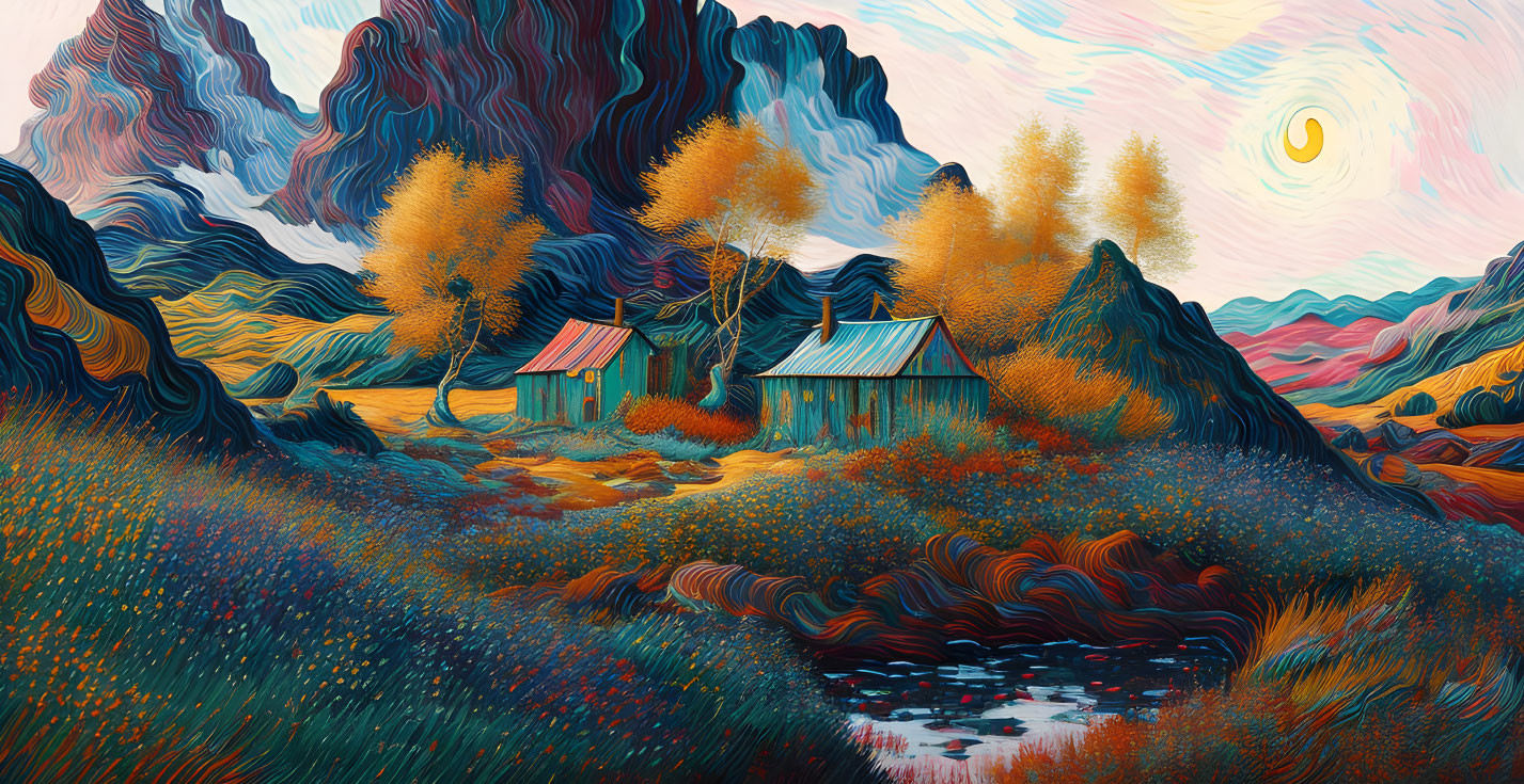 Colorful surreal landscape with autumn trees, cabins, hills, river, and sun.