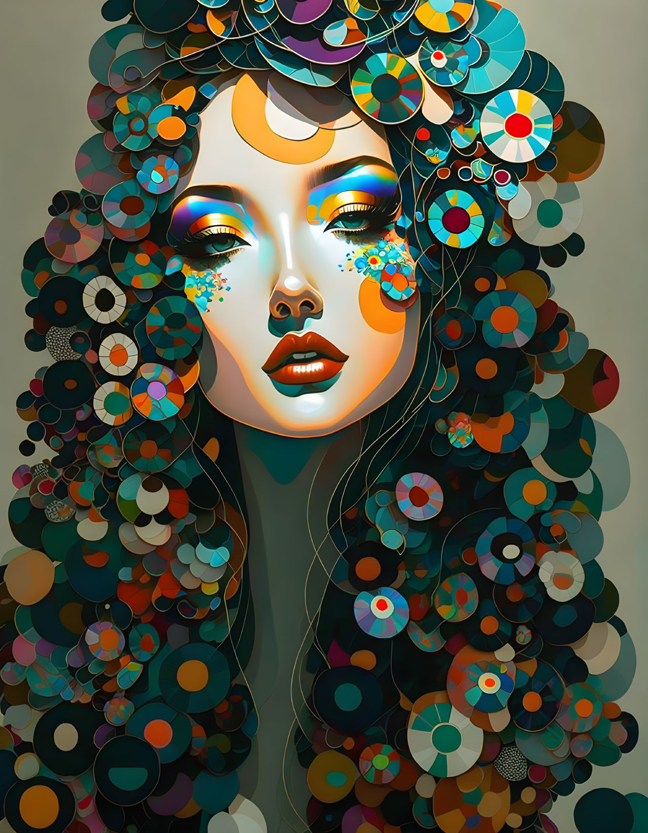 Colorful digital artwork of woman with intricate patterns and circles, surreal atmosphere