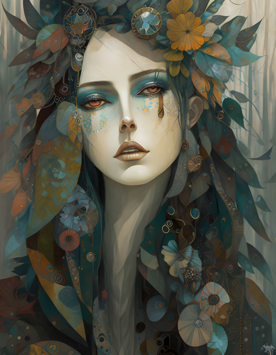 Digital portrait of a woman with teal eyes, autumnal floral motifs, butterflies, and petals.