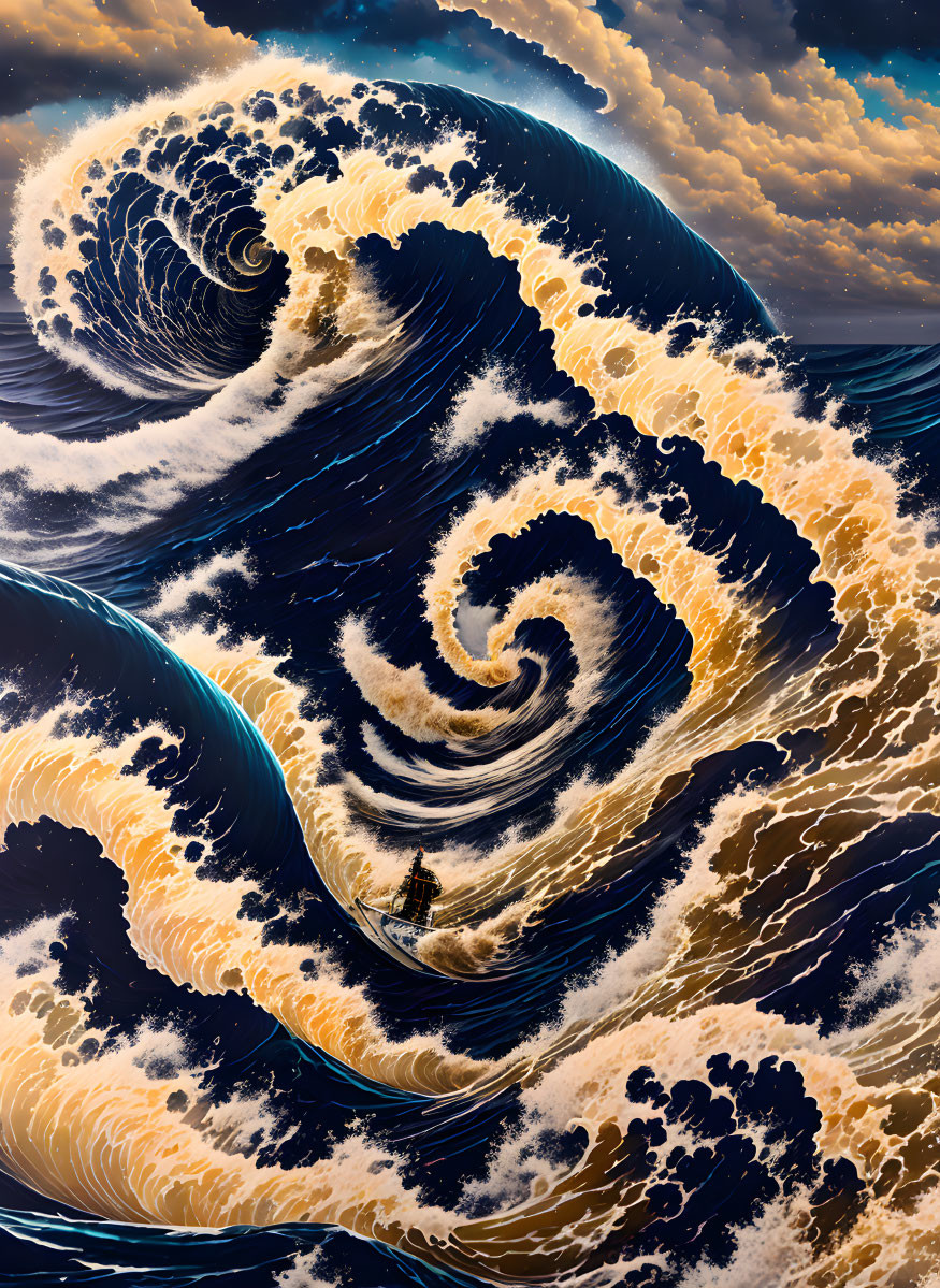 Digital artwork of swirling wave with small boat in dramatic sky