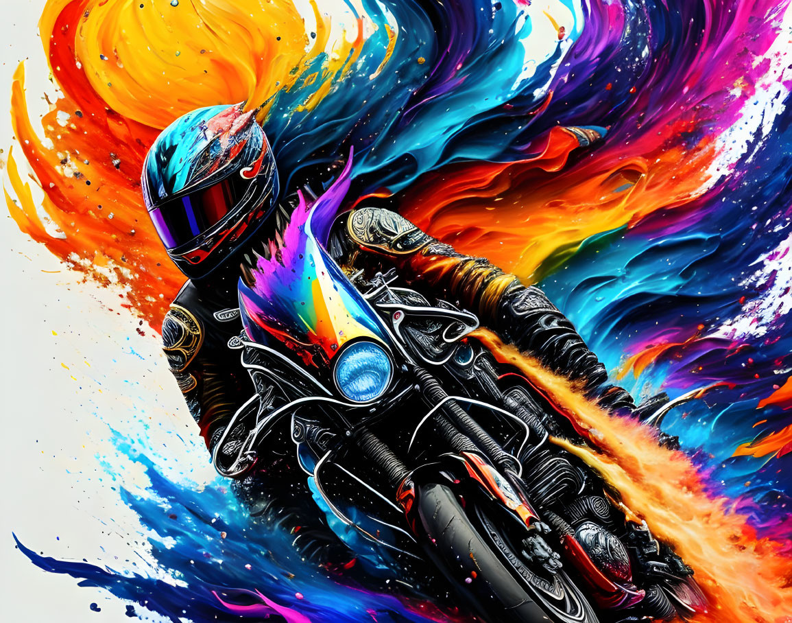 Colorful digital artwork: Motorcyclist in helmet amid swirling paint splashes