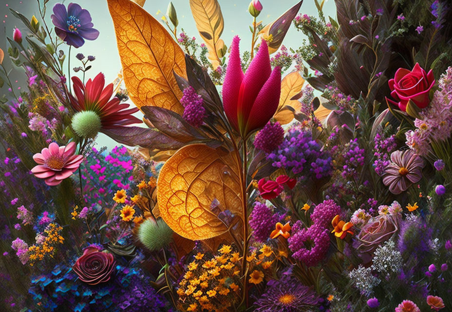 Colorful Floral Composition with Rich Textures and Lush Botanical Scene