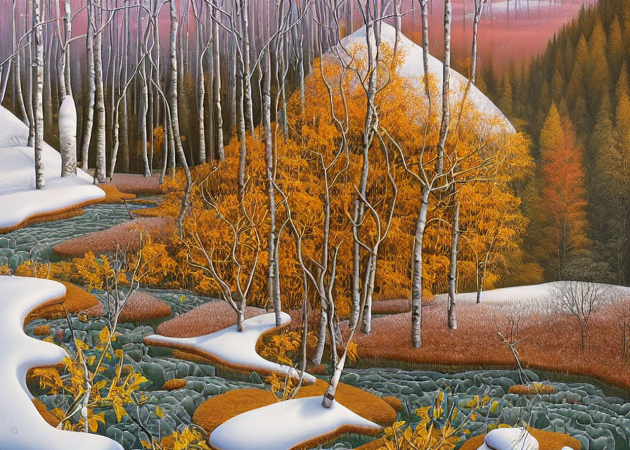 Colorful autumn forest with snow patches and bare trees