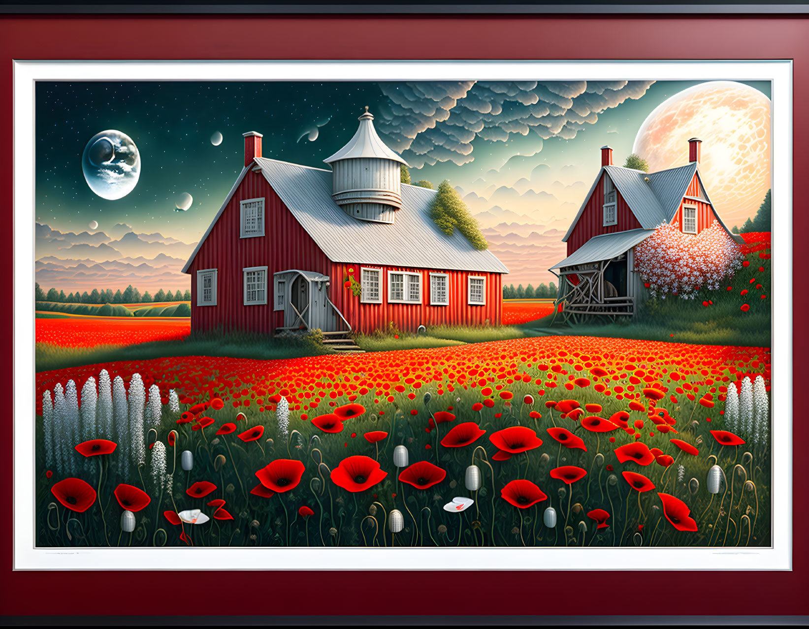 Red farmhouses in poppy field under full moon & stars