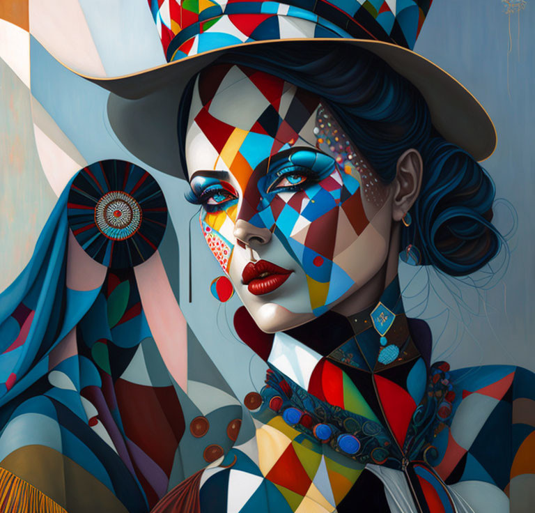 Vibrant geometric portrait of a woman with harlequin-inspired design