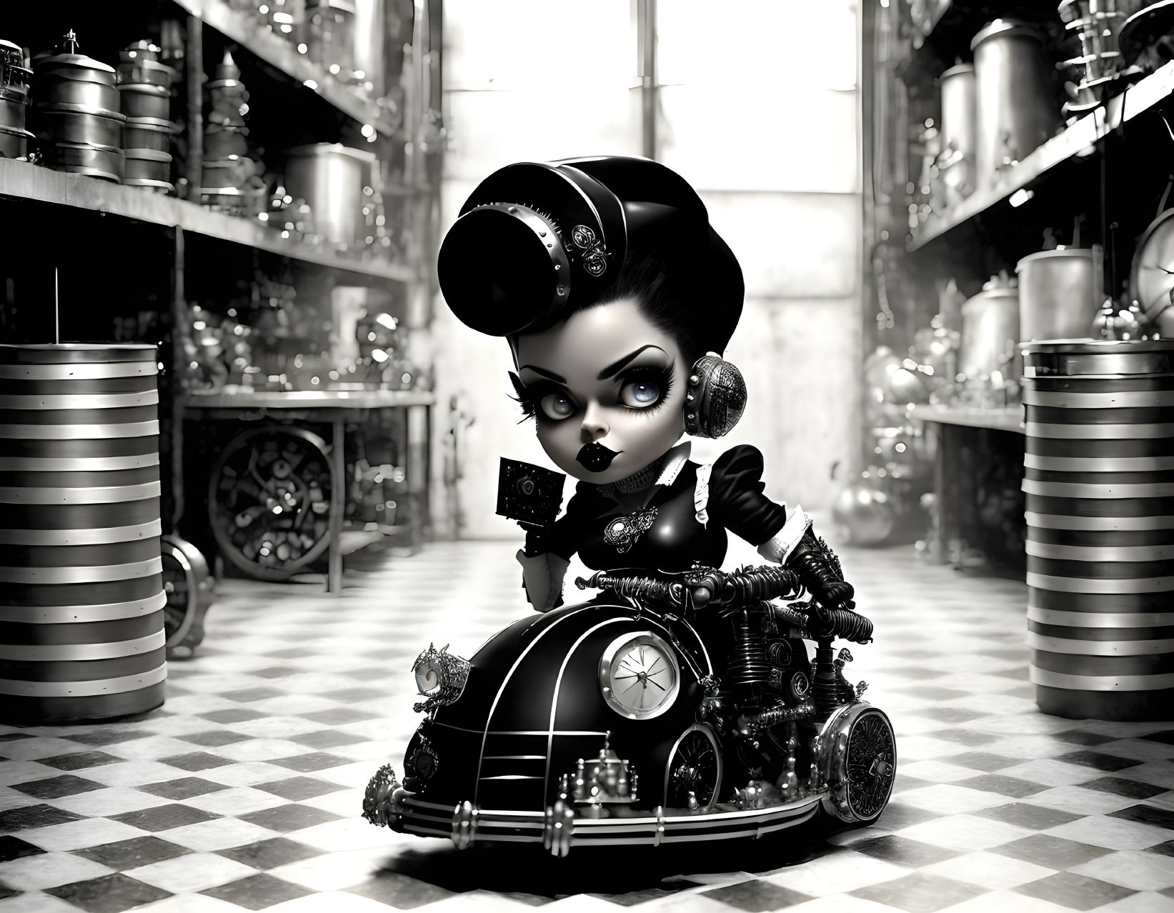 Monochrome animated gothic doll on mechanical contraption in checkerboard room