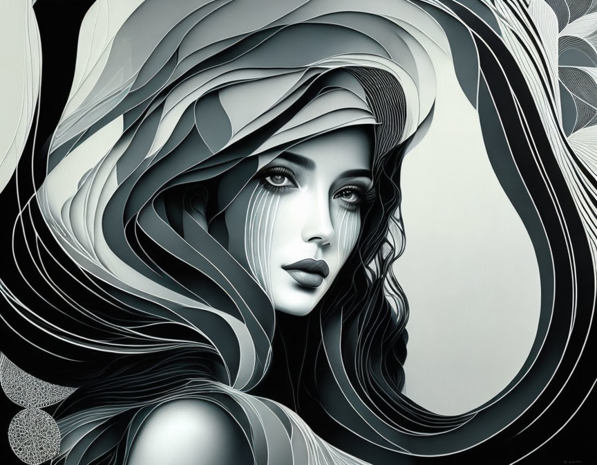 Monochromatic stylized woman with flowing hair and abstract patterns.