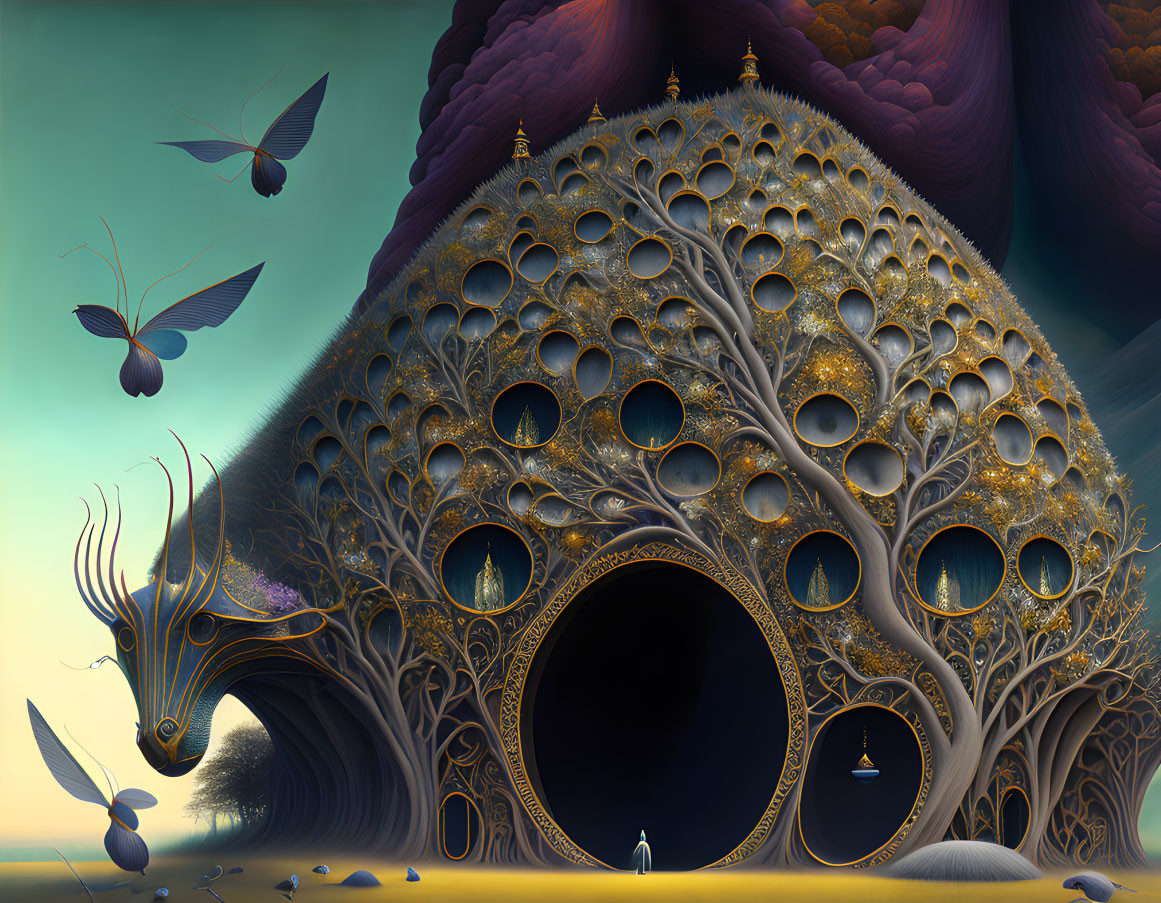 Giant peacock-shaped structure with golden patterns at twilight