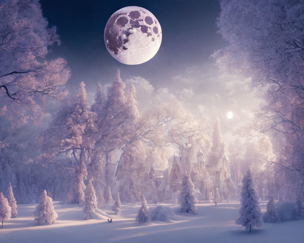 Winter Night Landscape: Moon, Snow-covered Trees, Whimsical Castle & Purple Forest