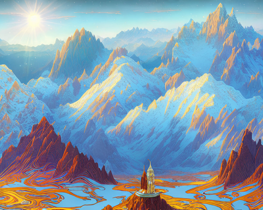 Fantasy Mountain Landscape with Glowing River and Solitary Tower