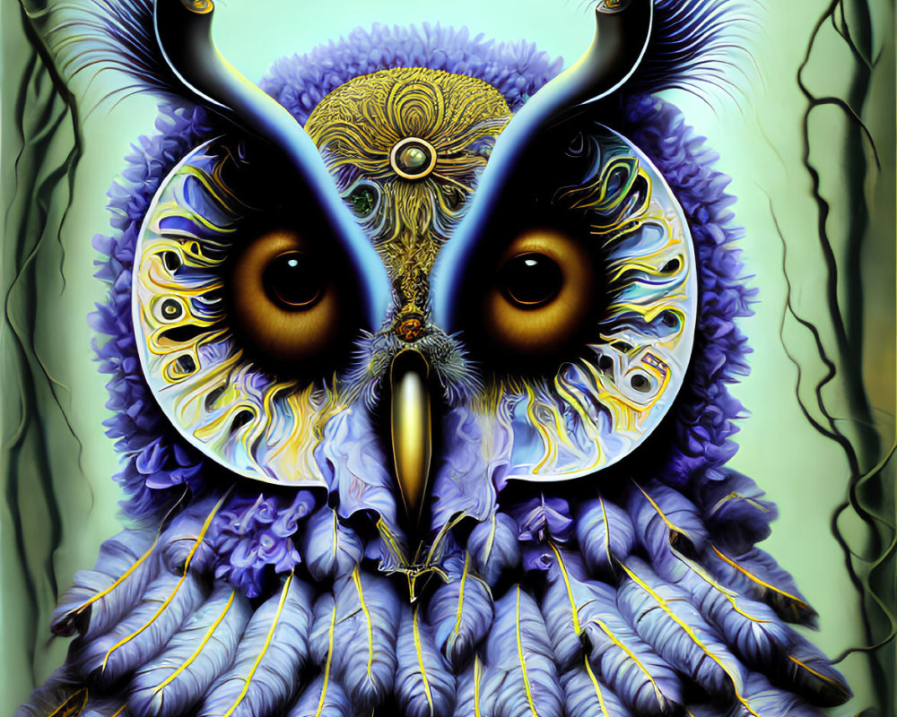 Stylized owl illustration with intricate blue and purple feathers under moonlit sky