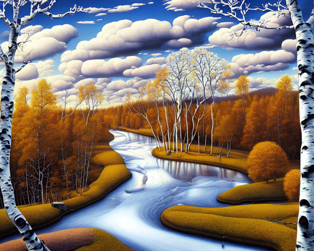 Colorful landscape painting of winding river and autumn trees under fluffy clouds