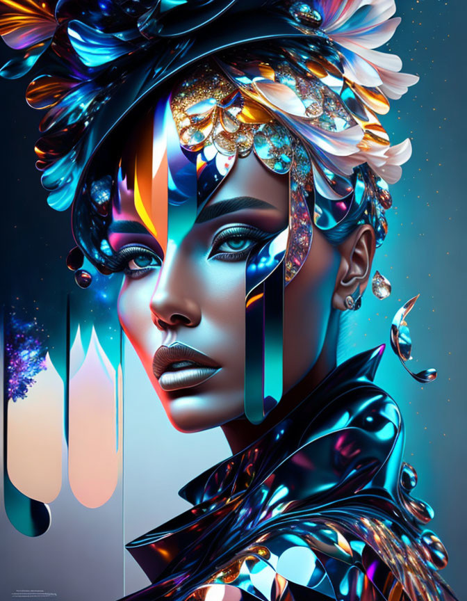 Futuristic portrait of woman with metallic and iridescent adornments