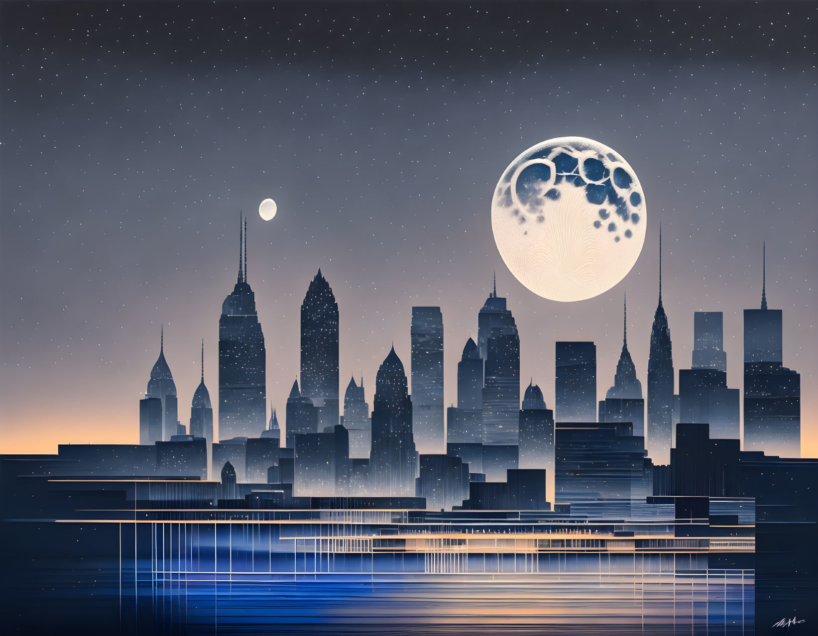 City skyline at night with moons and stars reflected on water