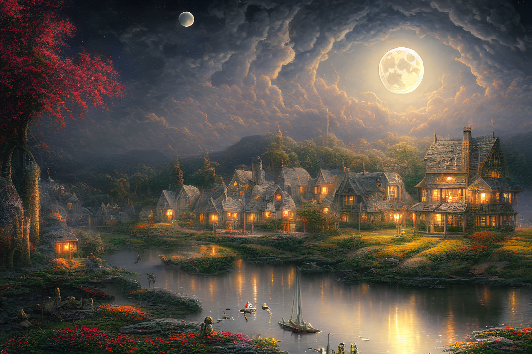 Fantasy village with thatched-roof houses, river, full moon, boats, and glowing red