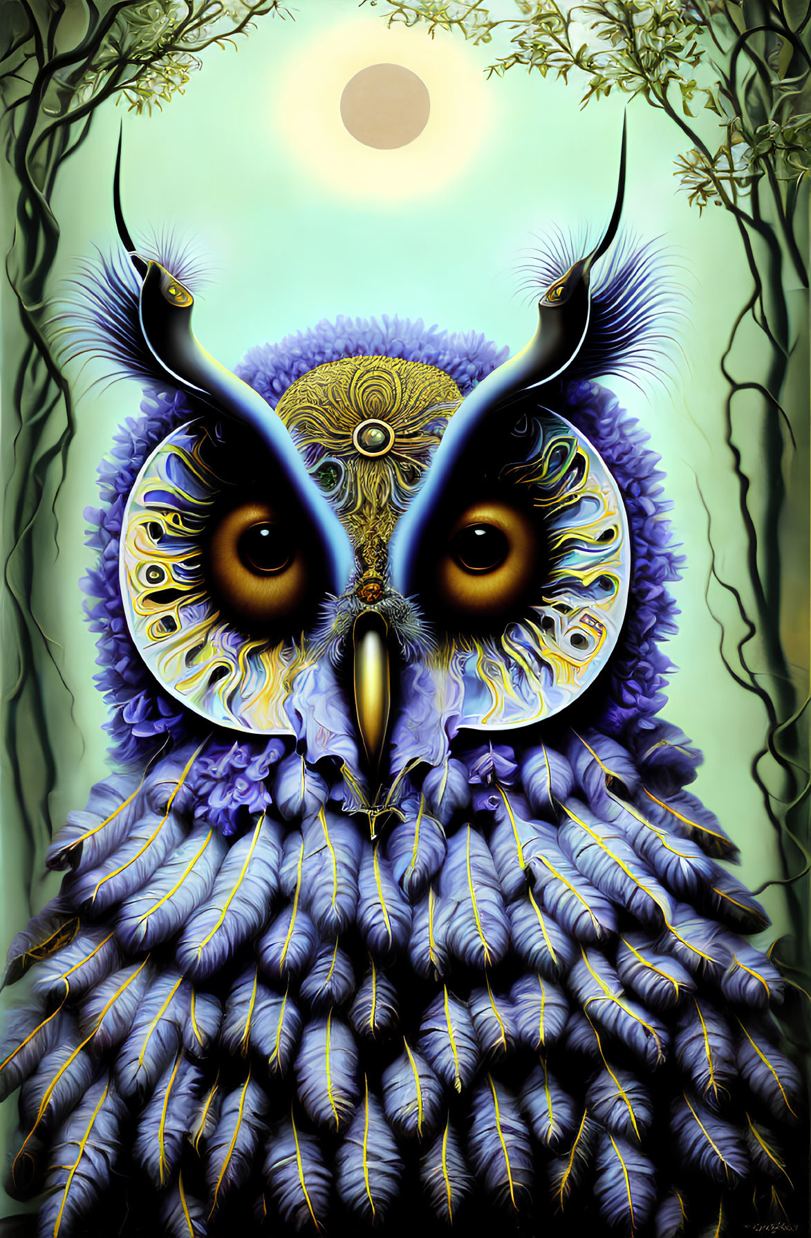 Stylized owl illustration with intricate blue and purple feathers under moonlit sky