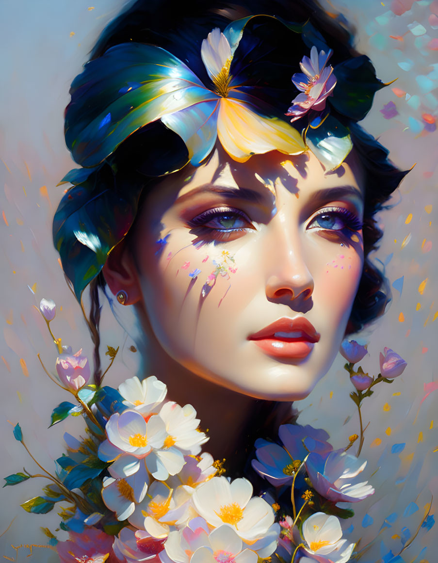 Colorful flower-adorned woman in luminous digital portrait