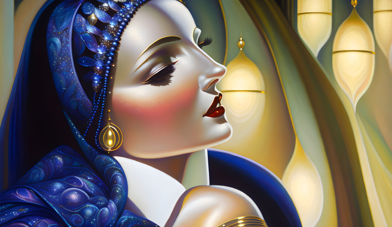 Woman with starry blue headscarf and gold earrings in ornate setting